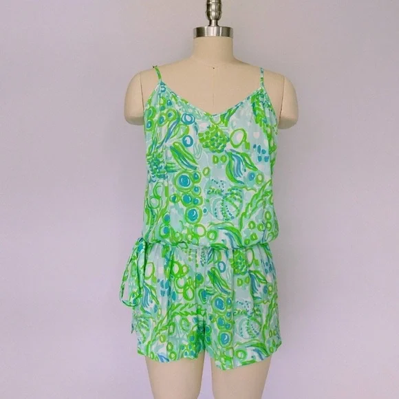 Lilly Pulitzer Deanna Romper XS Any Fins Possible Green and Blue - Picture 2 of 9